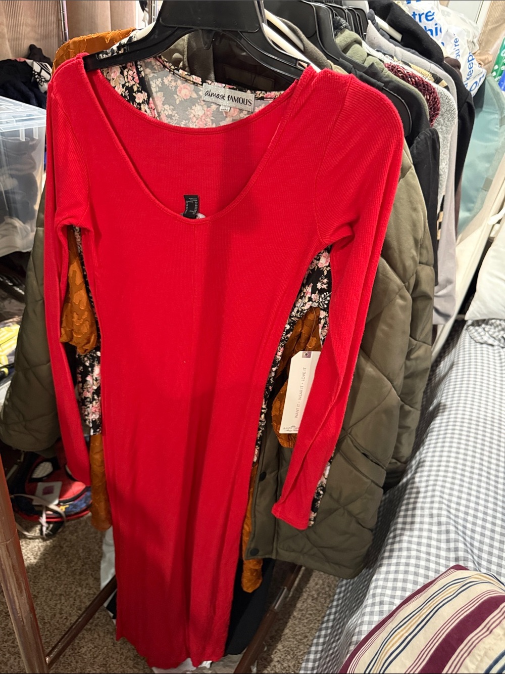 Almost Famous Bright Red Scoop Neck Long Sleeve Dress